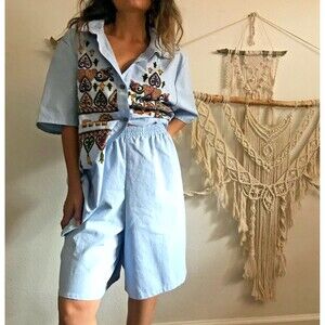 vtg 90s shorts outfit light blue 2‎ piece shirt set lion print cotton retro XL